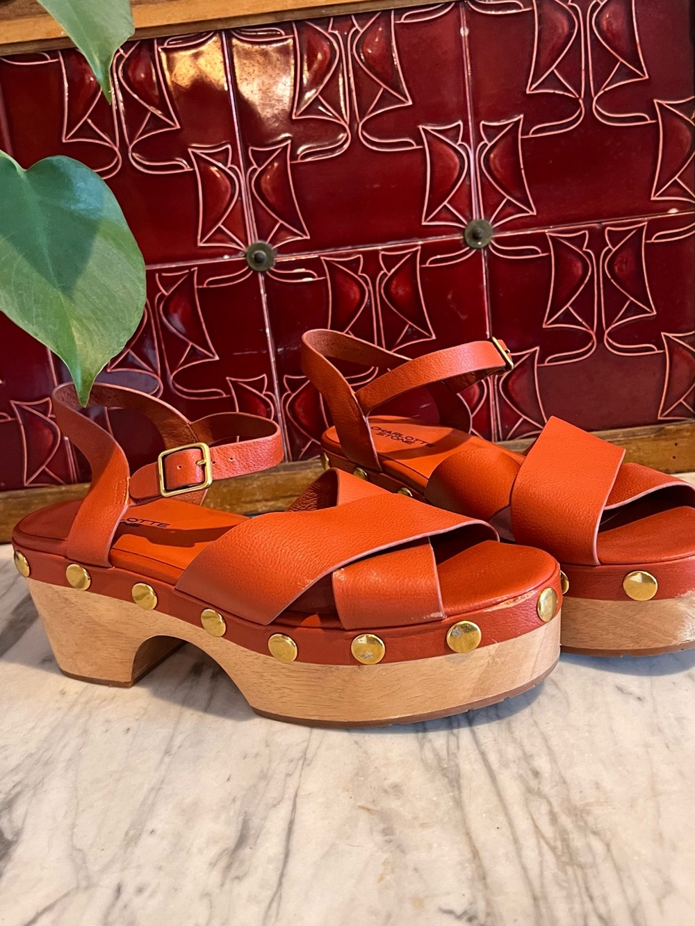 Charlotte Stone Tan Leather Platform Sandals with Gold Studs